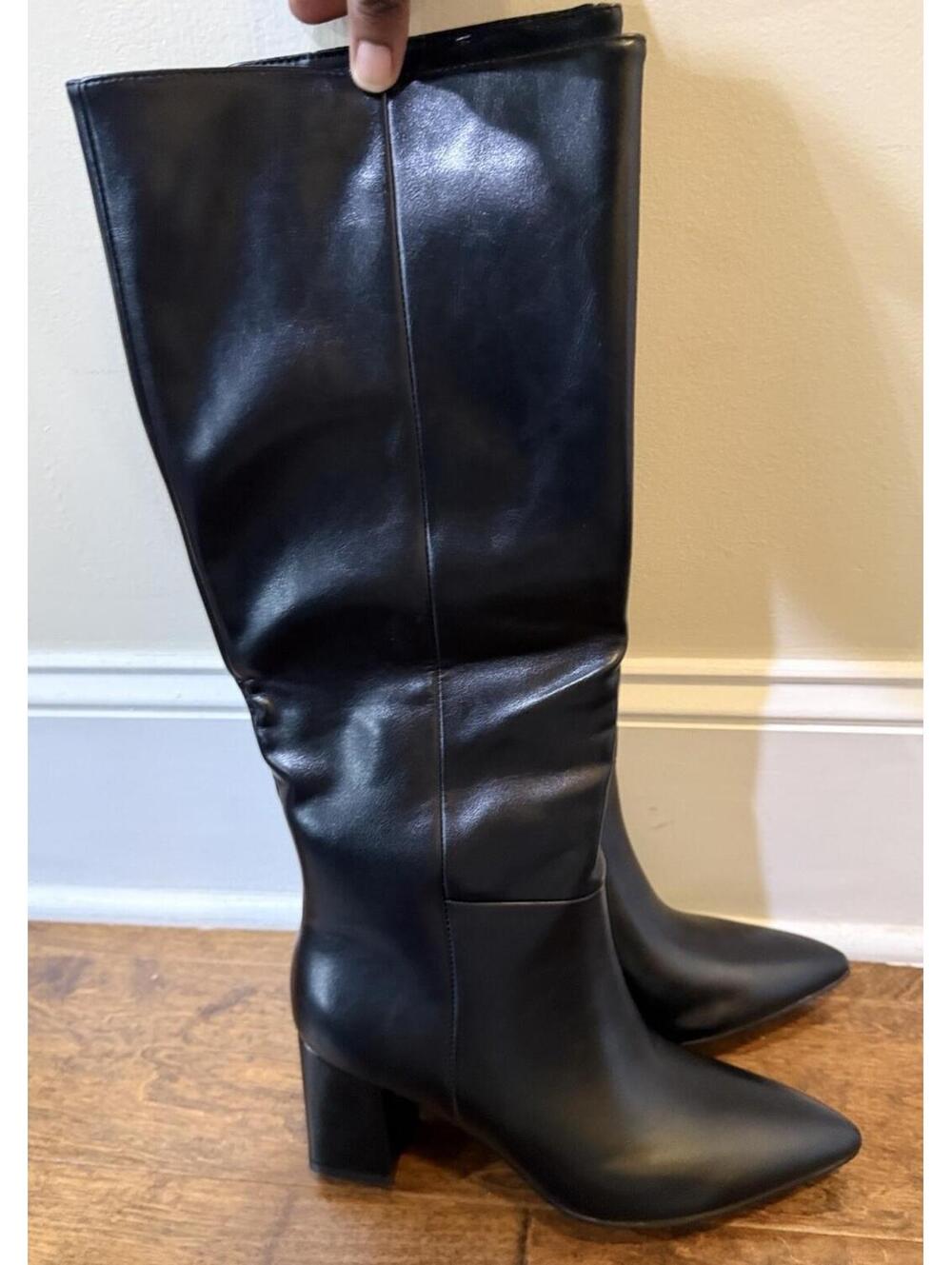 Wet Kiss Chunky Block Heel Knee High Pointed Toe Boot Black